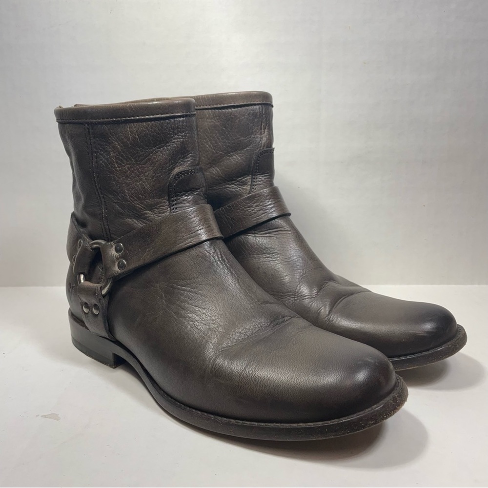 Frye Sz 9 Phillip Harness Gray Smoke Leather Zip Back  Ankle Boots Booties